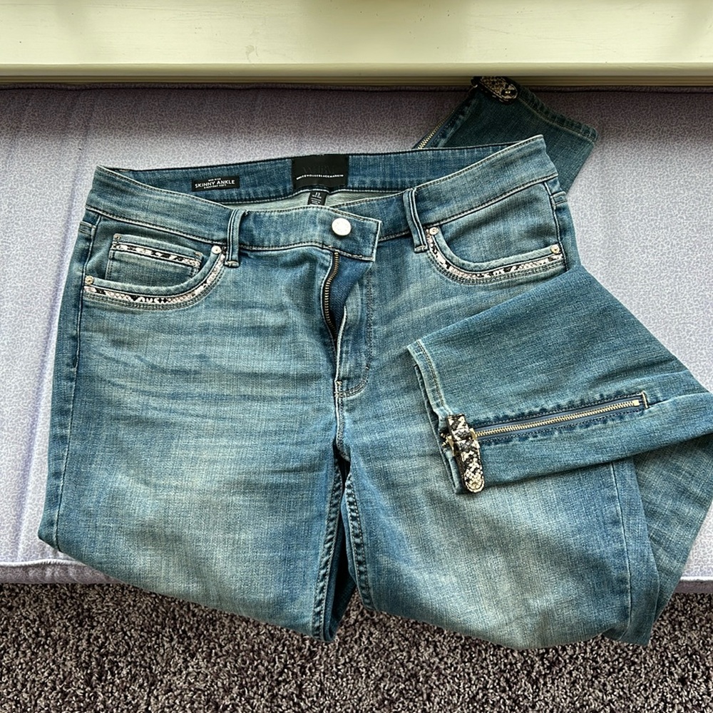 White House black market denim midrise size 12 with snake skin, leather detail